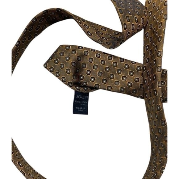JOOP! Men's 100% Silk Necktie LUXURY Tie XL Brown Gold Geometric W:3.2" EUC - Picture 3 of 4
